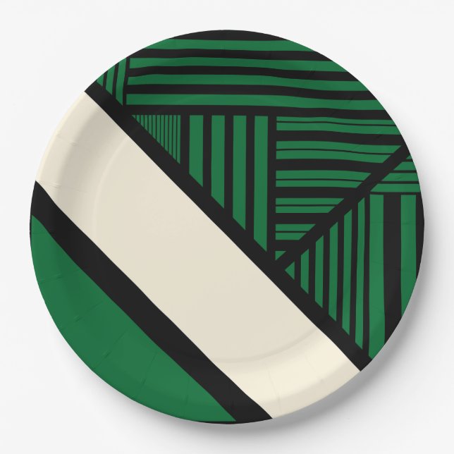 Plato De Papel Bandas triangulares: verde, crema y negro (Anverso)