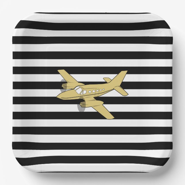 Plato De Papel Bandas y aviones de oro en blanco y negro (Anverso)