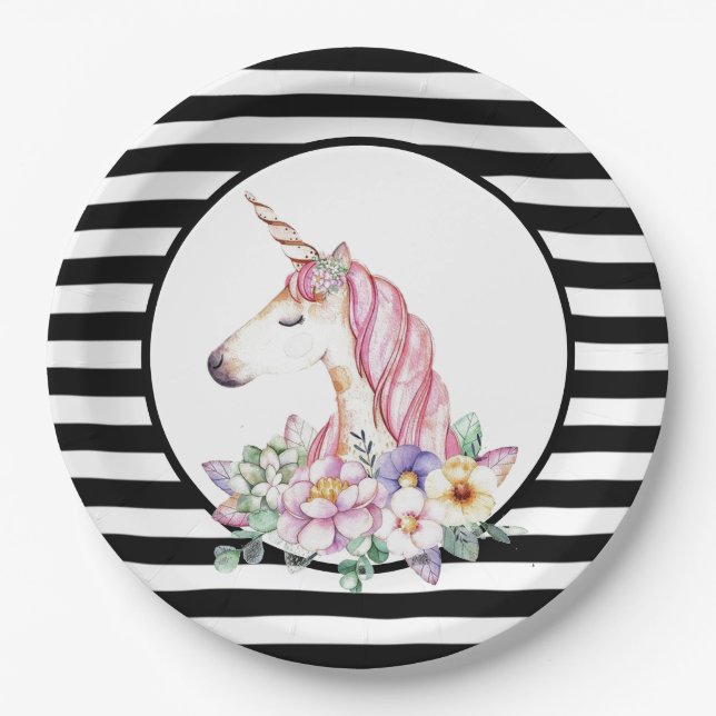 Plato De Papel Bandas y flores de unicornio (Anverso)
