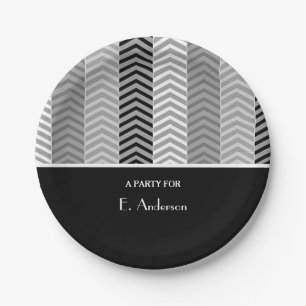 Plato De Papel Bandas y nombre de cheurón blanco negro contemporá