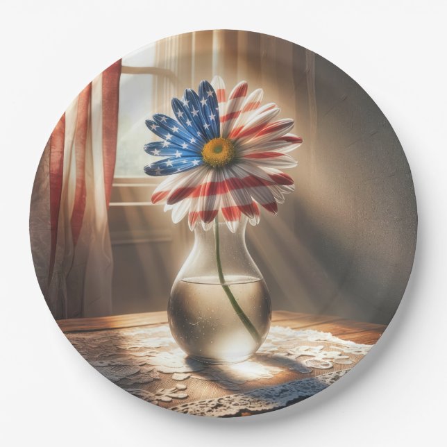 Plato De Papel Bandera Americana Daisy In Glass Vase (Anverso)