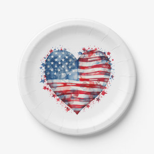 Plato De Papel Bandera Americana Estrellas Rayas Corazón Patrióti