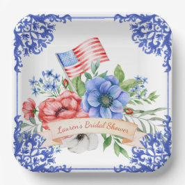 Plato De Papel Bandera Americana Floral Roja, Blanca y Azul