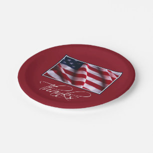 Plato De Papel Bandera Americana Patriótica Gracias en Rojo