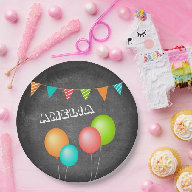Plato De Papel Bandera de Bungalows Cute Balloon Chalkboard Kid C (Fiesta)