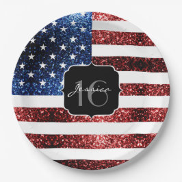 Plato De Papel Bandera de Estados Unidos azul brillante purpurina