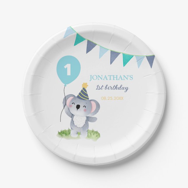Plato De Papel Bandera de fiesta de globo de koala bebé Cumpleaño (Anverso)