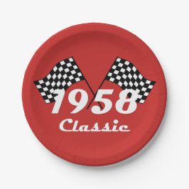 Plato De Papel Bandera de la carrera retro de 1958 con negro y bl