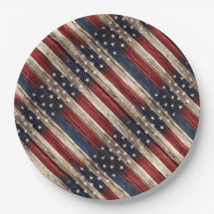 Plato De Papel Bandera de madera desgastada de estrellas y barras