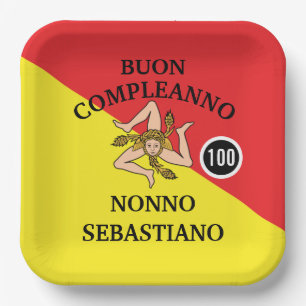 Plato De Papel Bandera de Sicilia Buon Compleanno o Anniversario 