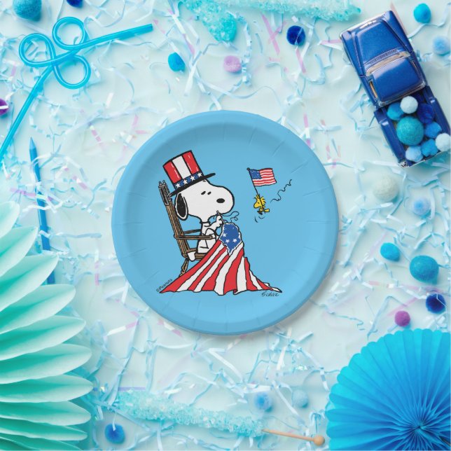 Plato De Papel Bandera de Snoopy Sgire el 4 de julio (Fiesta)