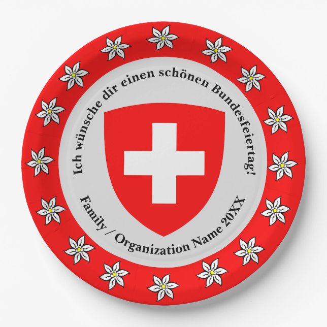 Plato De Papel Bandera de Suiza Edelweiss, Día Nacional Suizo (Anverso)