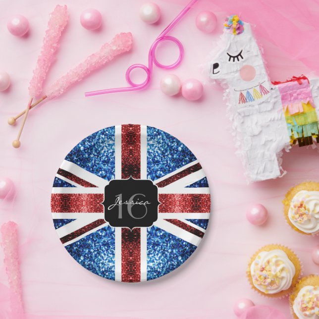 Plato De Papel Bandera del Reino Unido azul brillante purpurinas  (Fiesta)