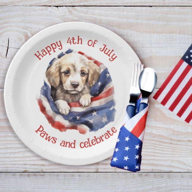 Plato De Papel Bandera estadounidense blanca y blanca, tímida, fe (American flag and cute puppy 4th of July paper plates)