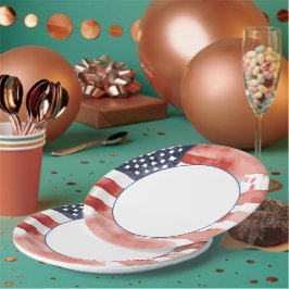 Plato De Papel Bandera estadounidense con centro blanco en acuare
