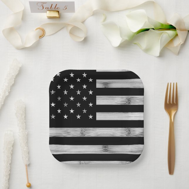 Plato De Papel Bandera estadounidense Rustic Wood Black White Pat (Boda)