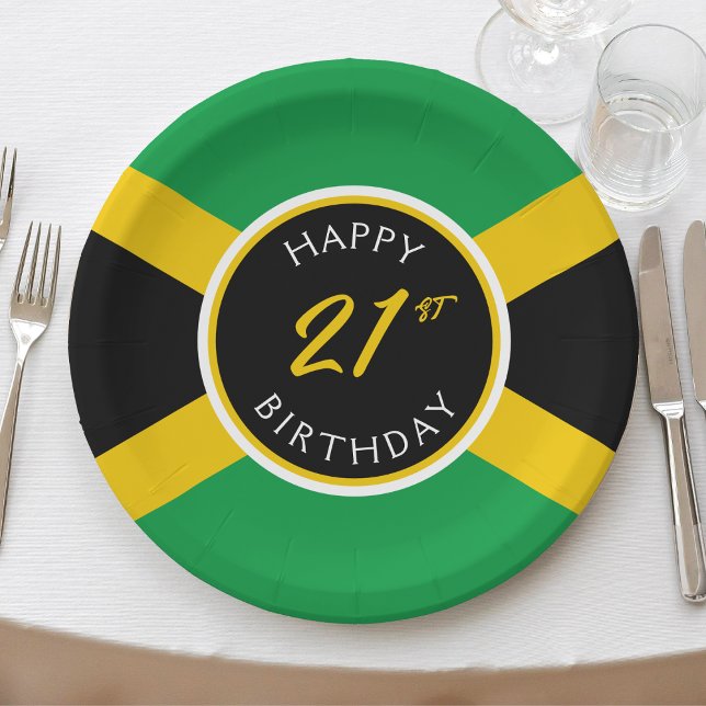 Plato De Papel Bandera jamaiquina Feliz cumpleaños (Jamaica Jamaican flag happy 21st birthday paper plates)