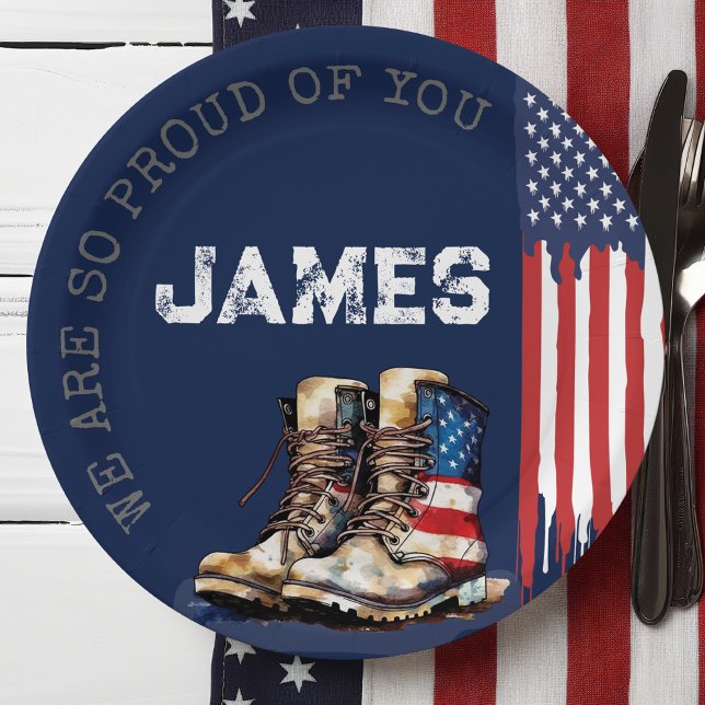 Plato De Papel Bandera militar estadounidense bota a Fiesta AZUL (Patriotic Military Party US Flag Combat Boots going away farewell party table decor paper plates)