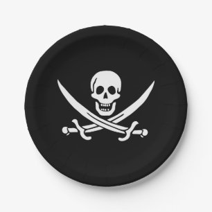 Plato De Papel Bandera pirata calavera espadas cruzadas