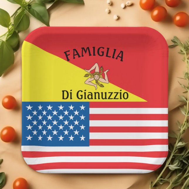Plato De Papel Bandera siciliano-norteamericana de Sicilia (Flag of Sicily and American Flag Sicilian-American Custom Party Plate for Italian Celebrations)