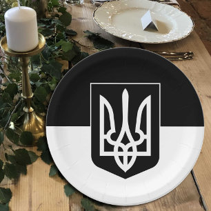 Plato De Papel Bandera ucraniana, Emblem y Ucrania - Negro / Blan