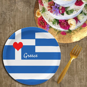 Plato De Papel Bandera y corazón griegos - Hinchas de viajes y d
