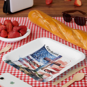 Plato De Papel Bandera y cruz "Dios bendiga a América"