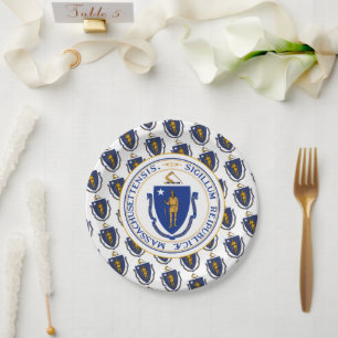 Plato De Papel Bandera y sello de Massachusite, Massachusetts