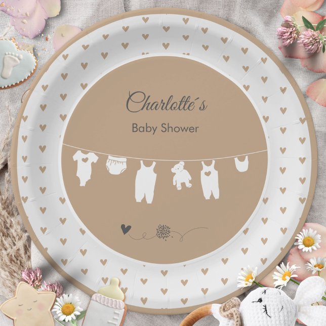 Plato De Papel Bañito de bebé neutral en género Boho Sand Hearts (Sand Hearts Boho Gender Neutral Baby Shower Paper Plates ©Susanne Sachers - Sunny Mind 🌞)