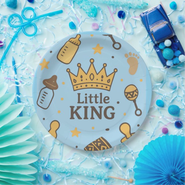 Plato De Papel "Banner de Baby Shower Little King - Blue & Gold C (Fiesta)