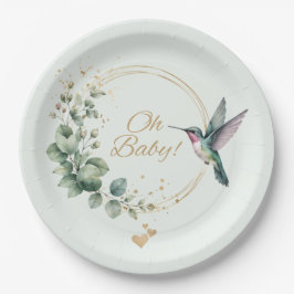 Plato De Papel **Baño de bebé Pajarito colibrí Eucalipto Acuarela