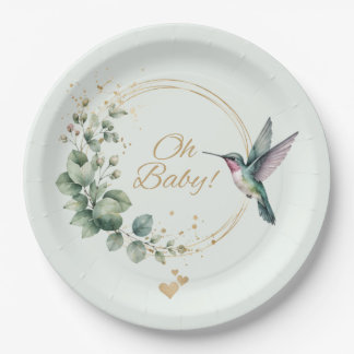 Plato De Papel **Baño de bebé Pajarito colibrí Eucalipto Acuarela