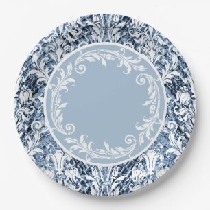 Plato De Papel Baños florales Blue White Damask Personalizados