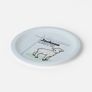 Plato De Papel Baptism Blue Boy Lamb, Personalizable