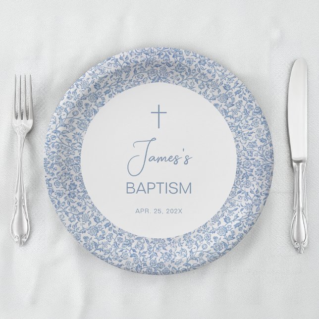 Plato De Papel Baptism Blue White Floral Pattern Boy Christening  (Subido por el creador)