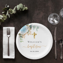 Plato De Papel Baptism eucalipto vegetación azul floral boy