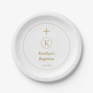 Plato De Papel Baptism Gold White Monogram Iniciales Elegante Cut
