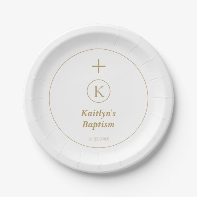 Plato De Papel Baptism Gold White Monogram Iniciales Elegante Cut (Anverso)