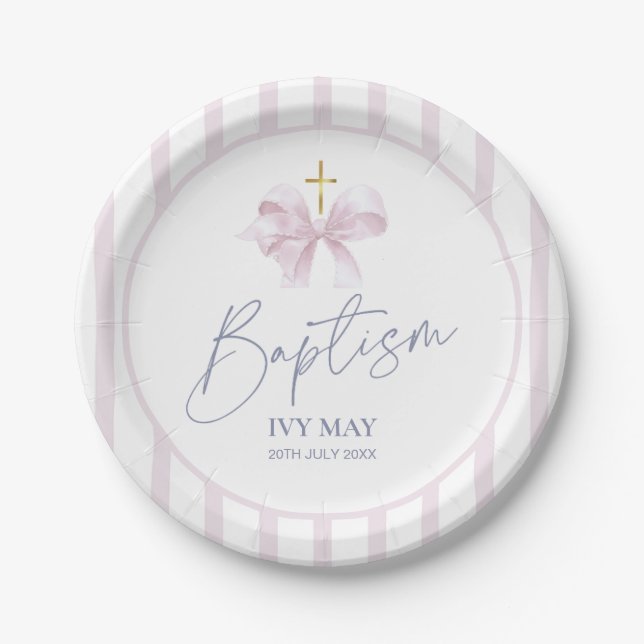 Plato De Papel Baptism Paper Plates for Girl, Modern Pink Bow  (Anverso)
