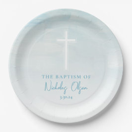 Plato De Papel Baptismo Acuarela Pastel Placas de Papel Azul