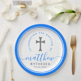 Plato De Papel Baptismo azul Christening Naming Cross