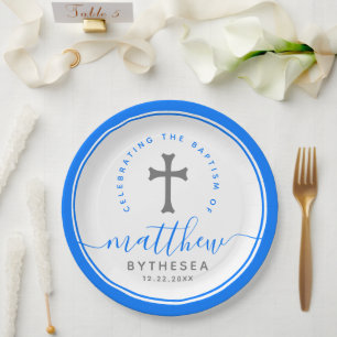 Plato De Papel Baptismo azul Christening Naming Cross
