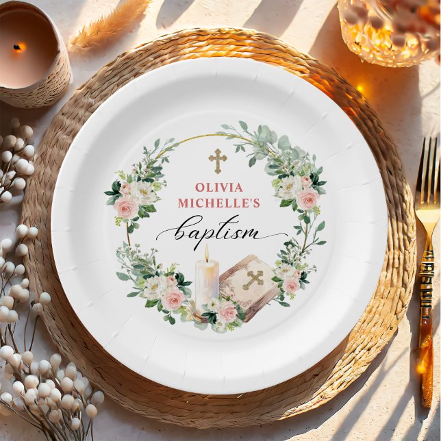 Plato De Papel Baptismo chica Christening Floral Cross (Subido por el creador)