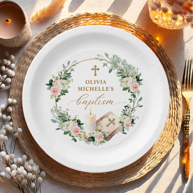 Plato De Papel Baptismo chica Christening Floral Cross (Subido por el creador)