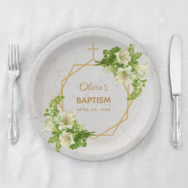 Plato De Papel Baptismo chica Floral Lilies Oro Marble Geométrico