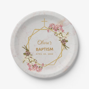 Plato De Papel Baptismo chica Orquídeas Florales Marble de oro Ge