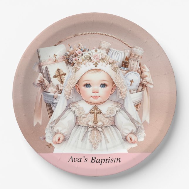 Plato De Papel Baptismo chica Rosa Cesta de Oro para la Navidad (Anverso)
