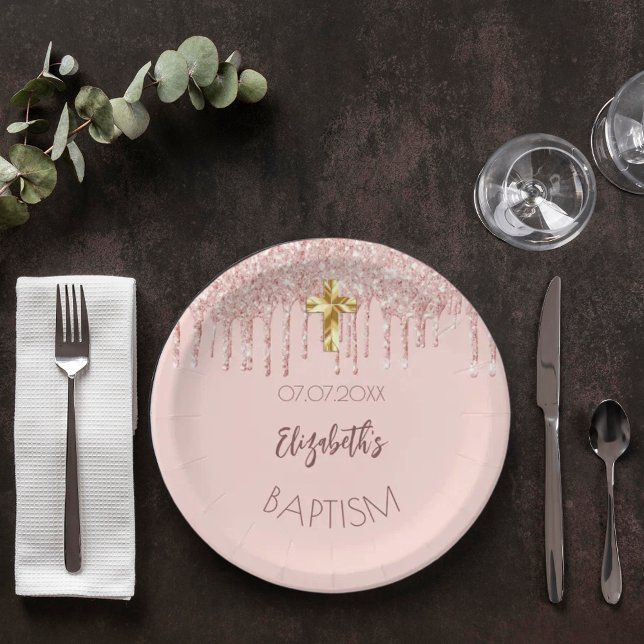 Plato De Papel Baptismo chica rosa de oro purpurinas goteo nombre (Subido por el creador)