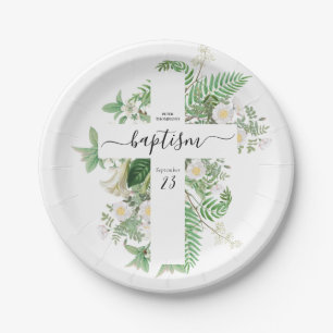 Plato De Papel Baptismo Christening Cross Greenerenery Género Neu