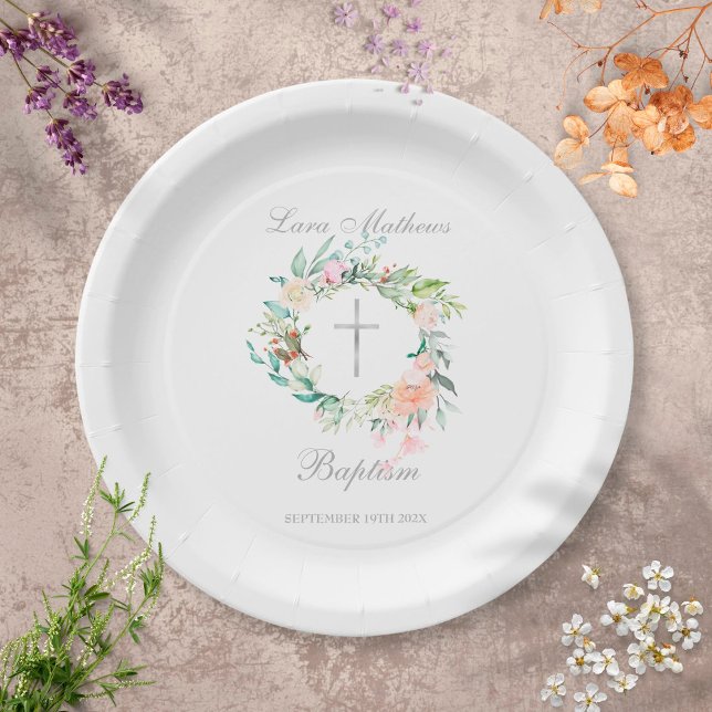 Plato De Papel Baptismo Christening Floral Silver Cross (Subido por el creador)